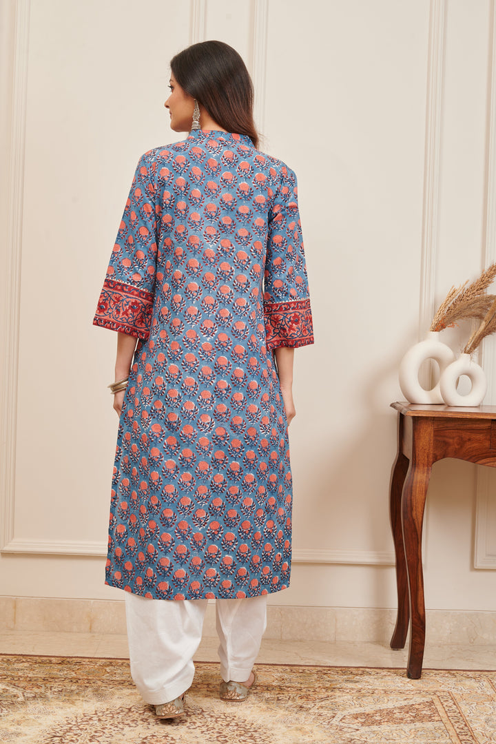 Blue & Maroon Hand Block Printed Straight Kurta