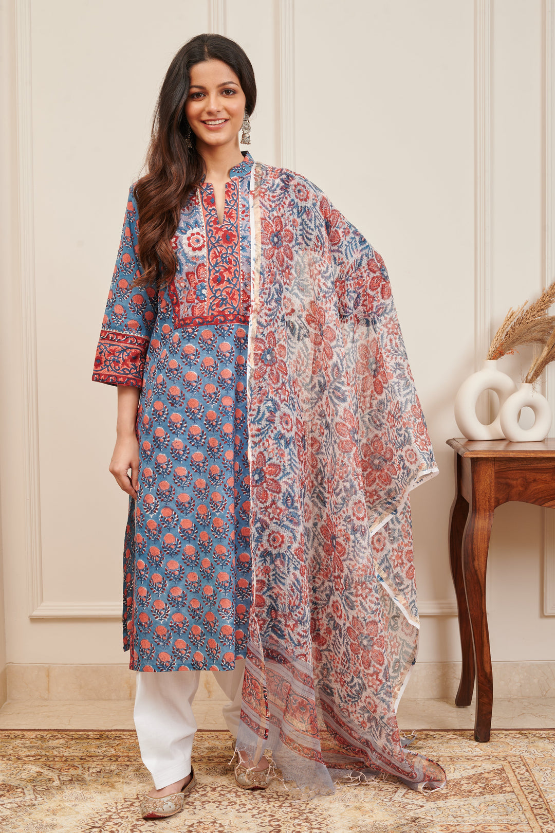 Blue & Maroon Hand Block Printed Straight Kurta