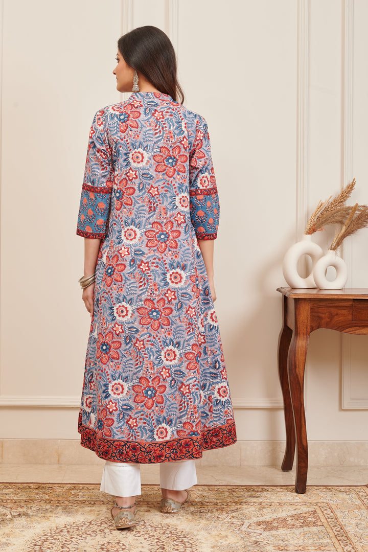 Maroon & Blue Hand Block Printed Angrakha Kurta