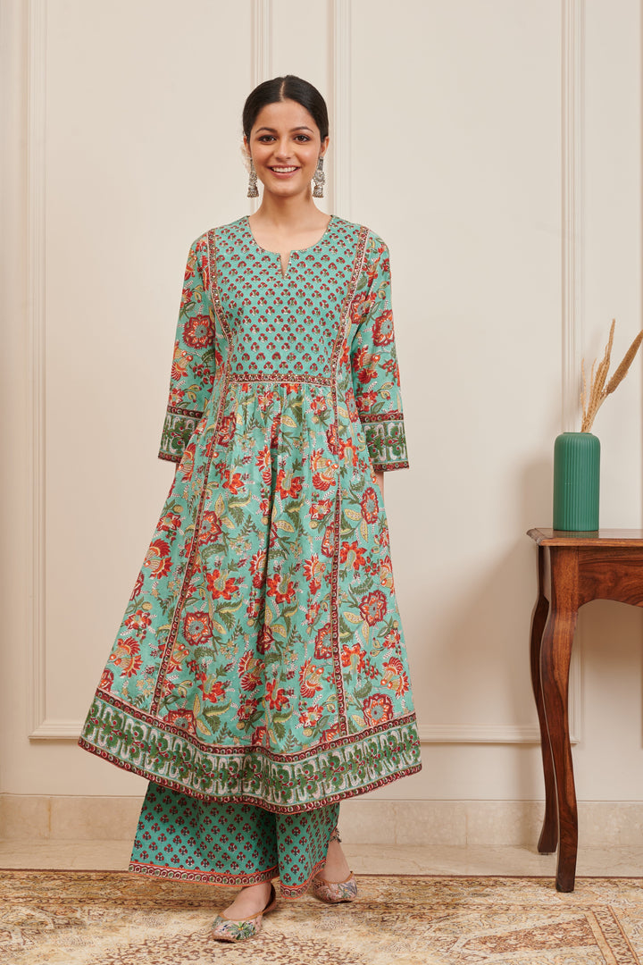 Sea Green & Red Hand Block Print A-Line Kurta