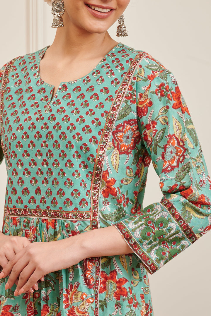 Sea Green & Red Hand Block Print A-Line Kurta