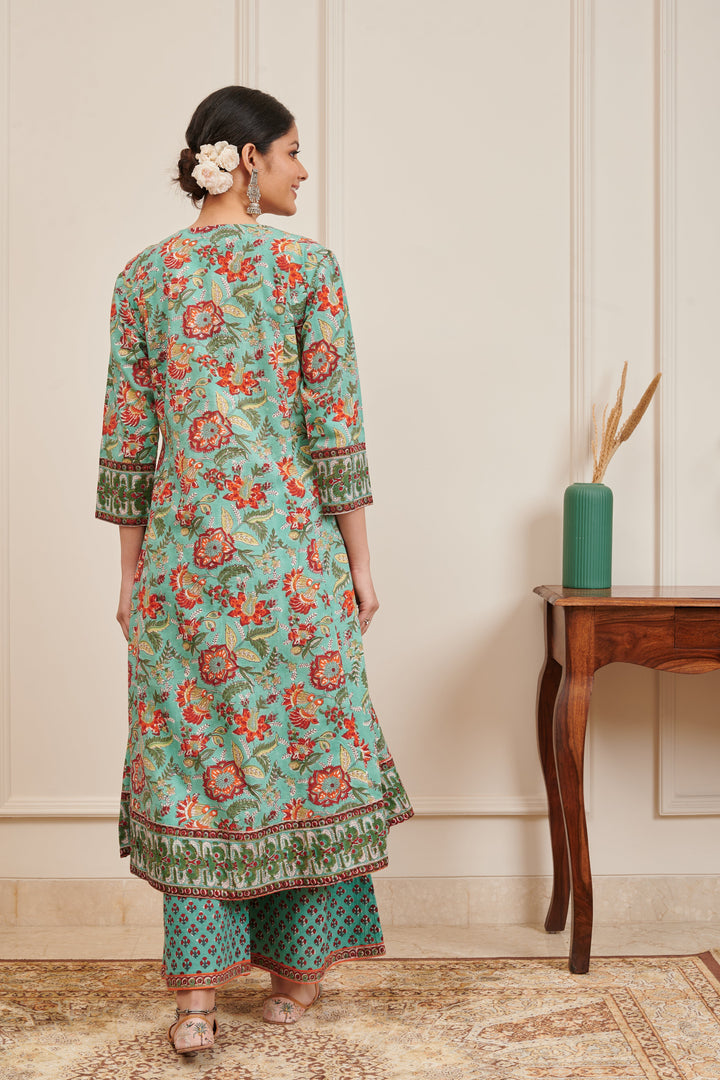 Sea Green & Red Hand Block Print A-Line Kurta