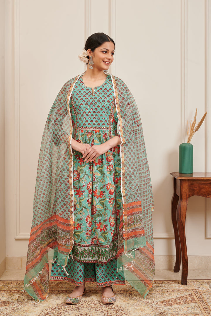 Sea Green & Red Hand Block Print A-Line Kurta