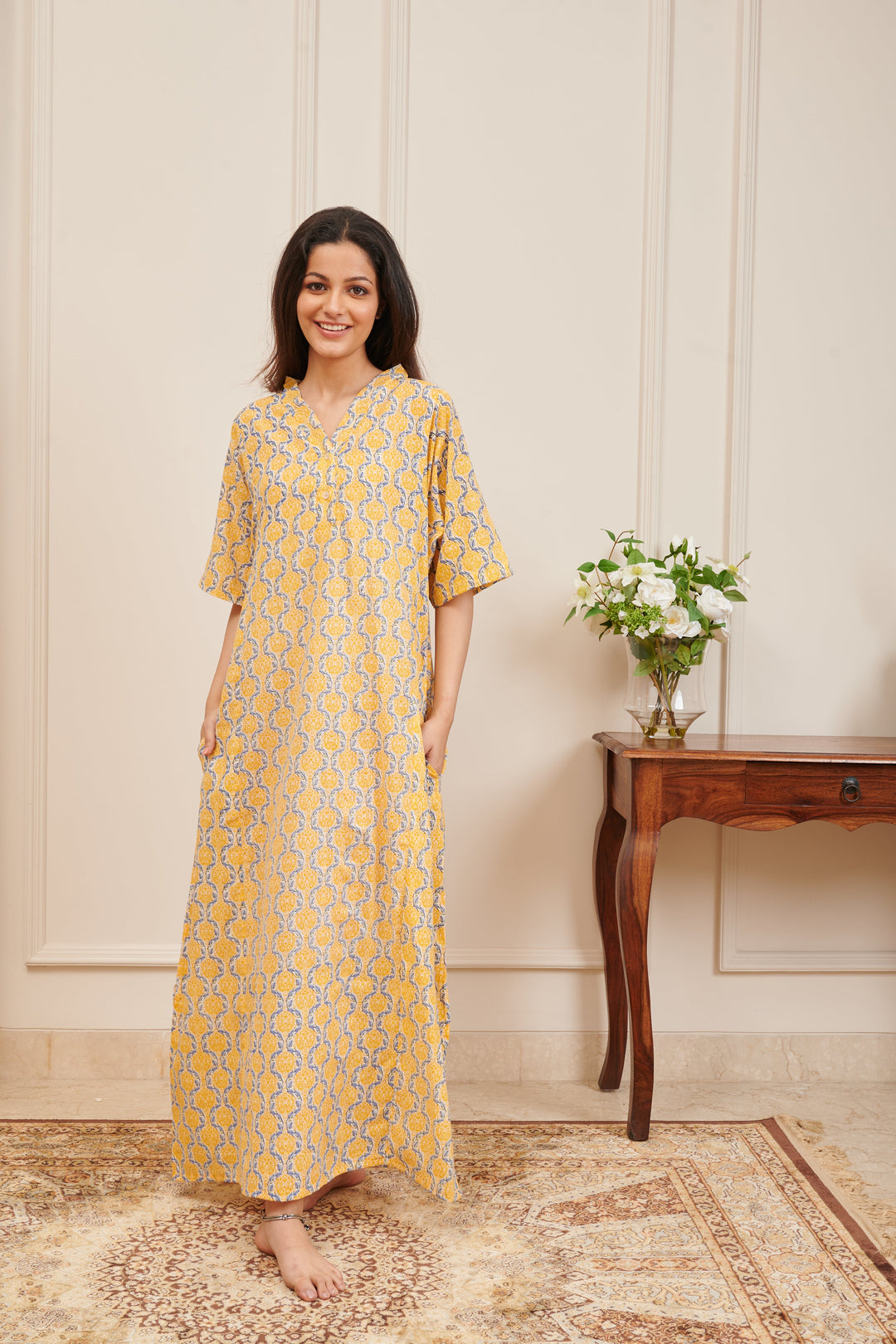 Yellow Printed Kaftan Night Gown with a Side Slit