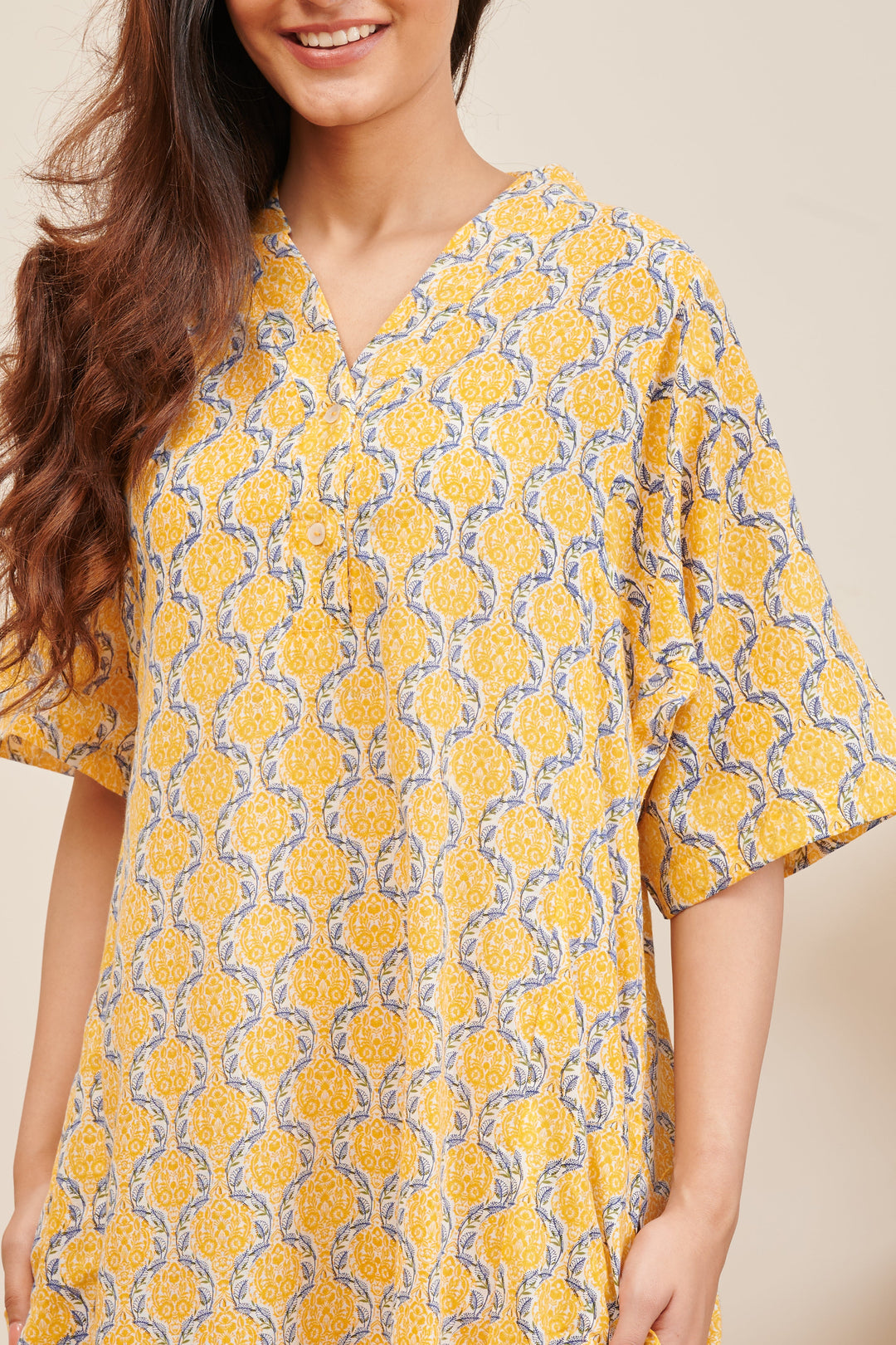 Yellow Printed Kaftan Night Gown with a Side Slit