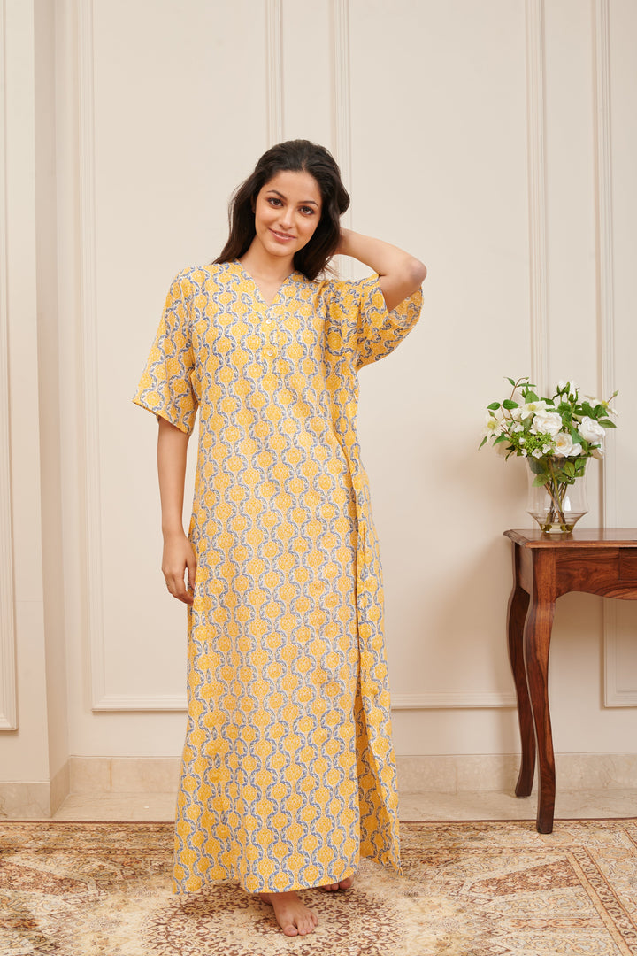 Yellow Printed Kaftan Night Gown with a Side Slit