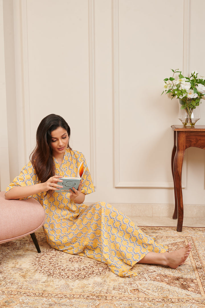 Yellow Printed Kaftan Night Gown with a Side Slit