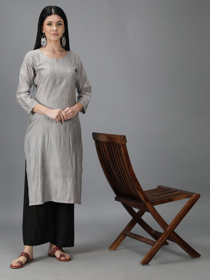 Silver-Grey-Chanderi-Chikan-Straight-Kurta