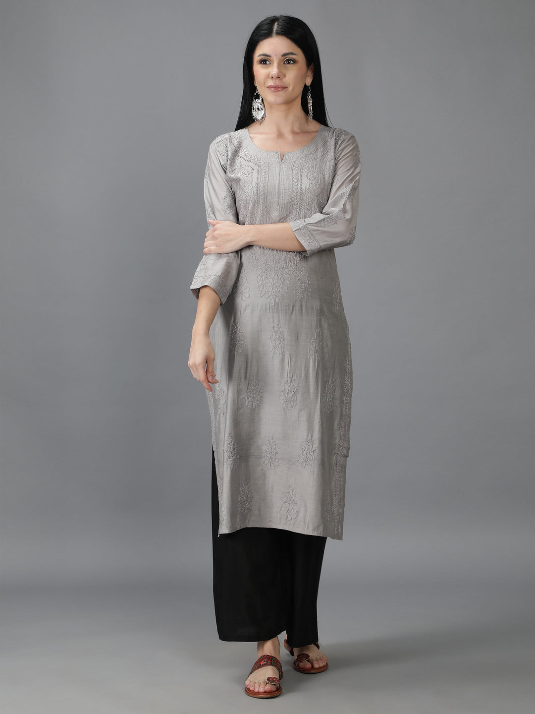 Silver-Grey-Chanderi-Chikan-Straight-Kurta