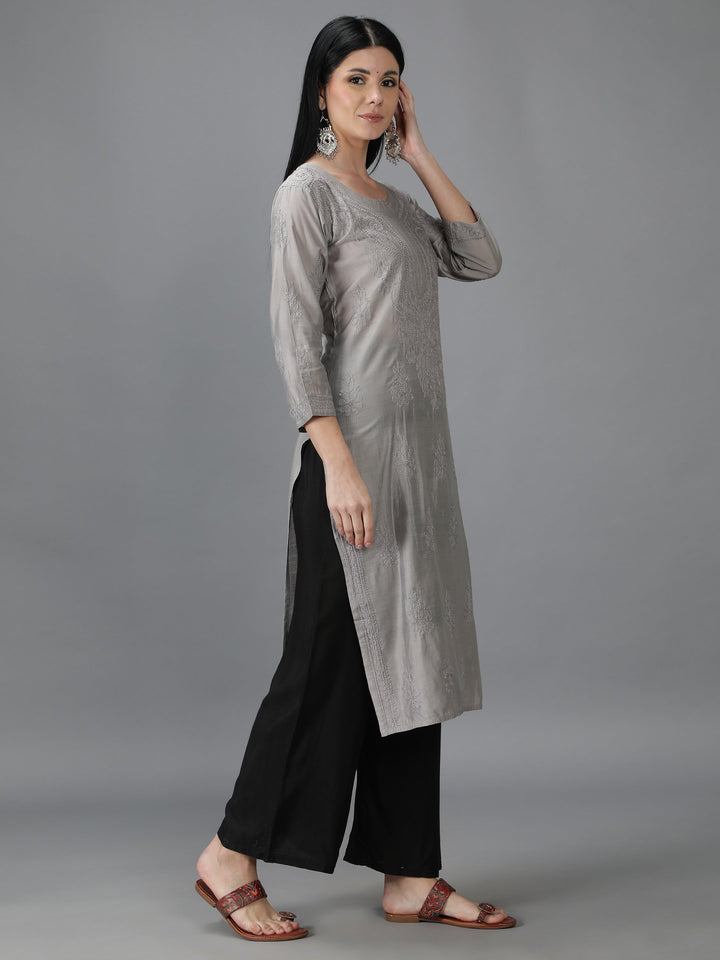 Silver-Grey-Chanderi-Chikan-Straight-Kurta