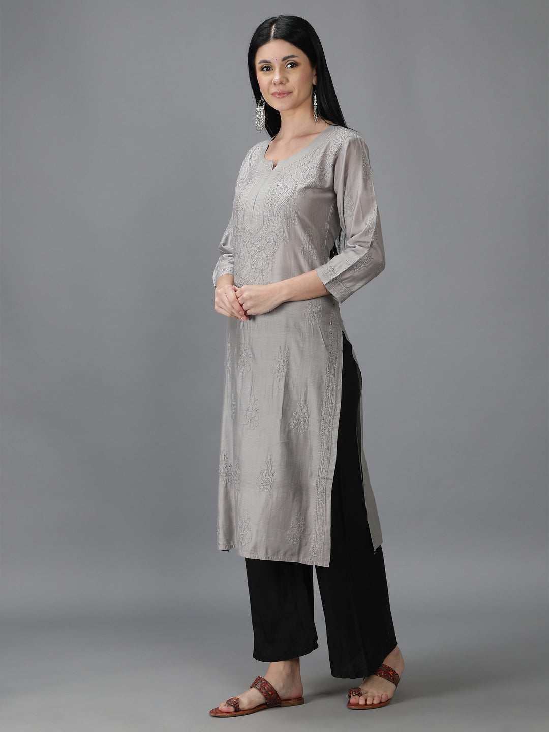 Silver-Grey-Chanderi-Chikan-Straight-Kurta