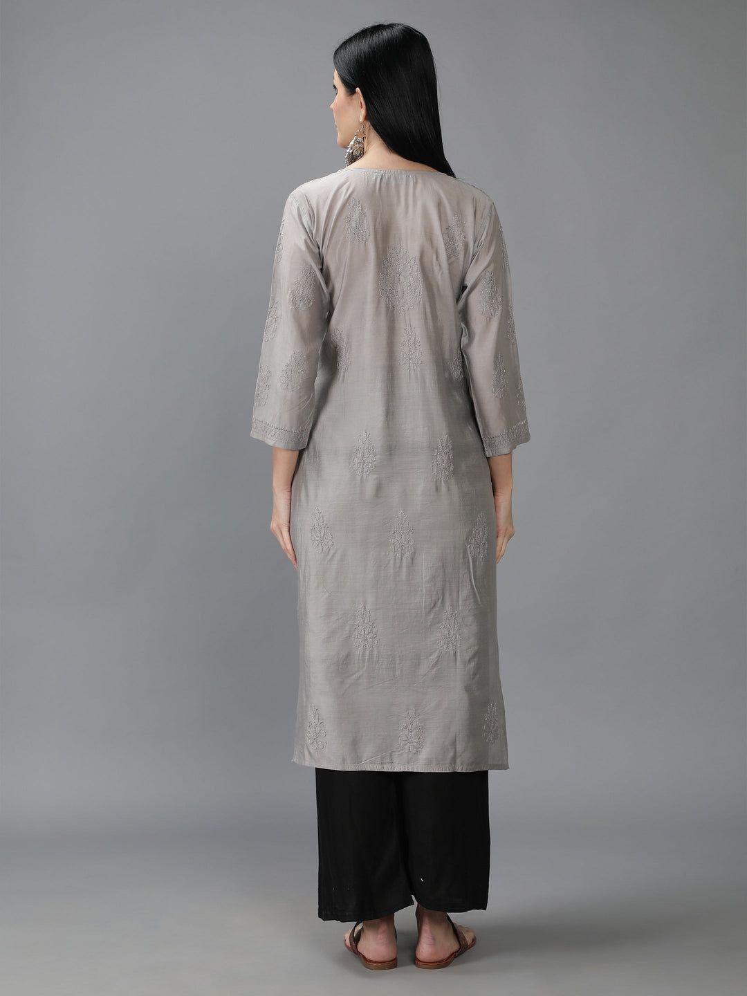 Silver-Grey-Chanderi-Chikan-Straight-Kurta