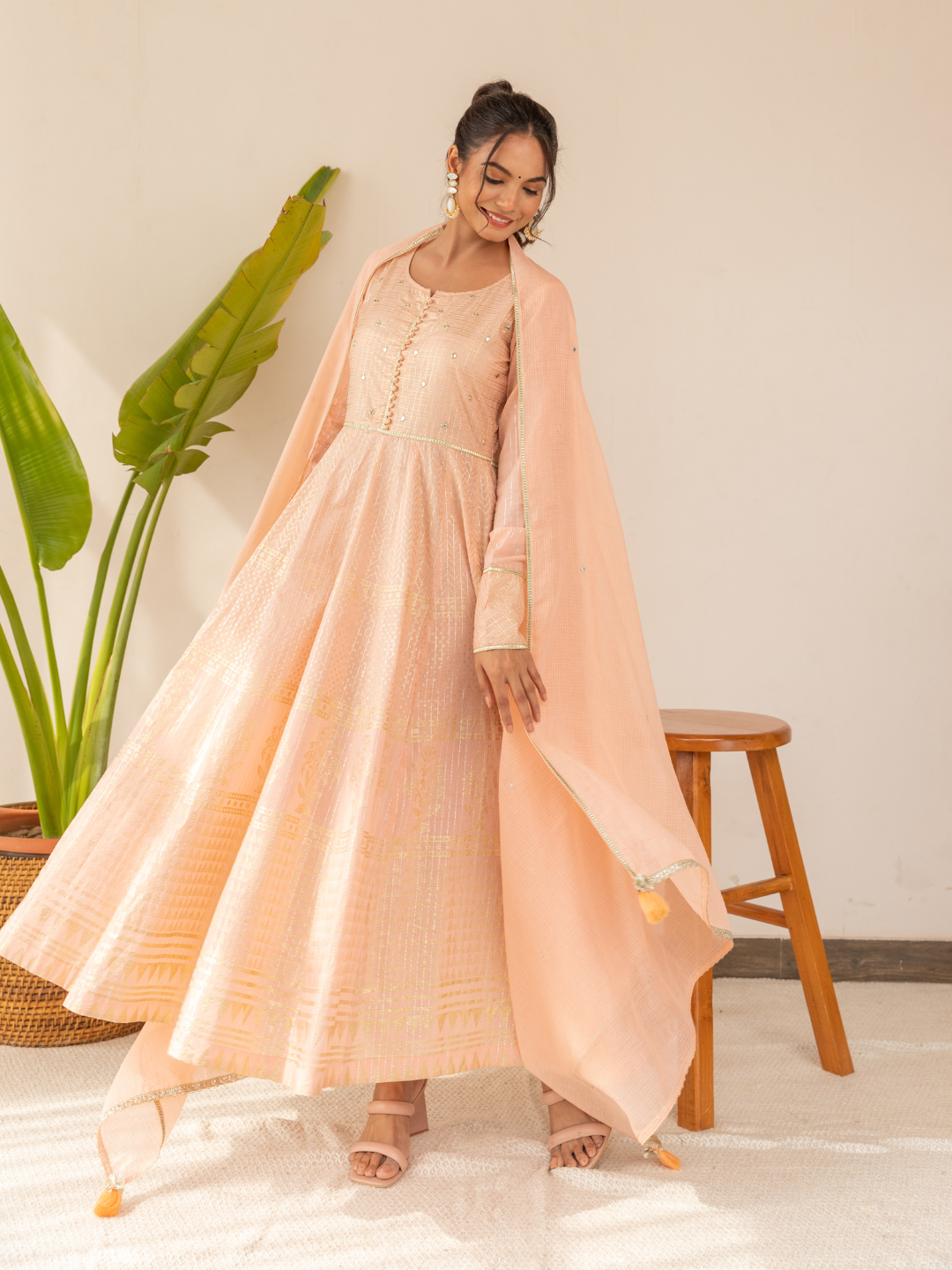 Sitara Peach Foil Print Anarkali & Dupatta Dress Set