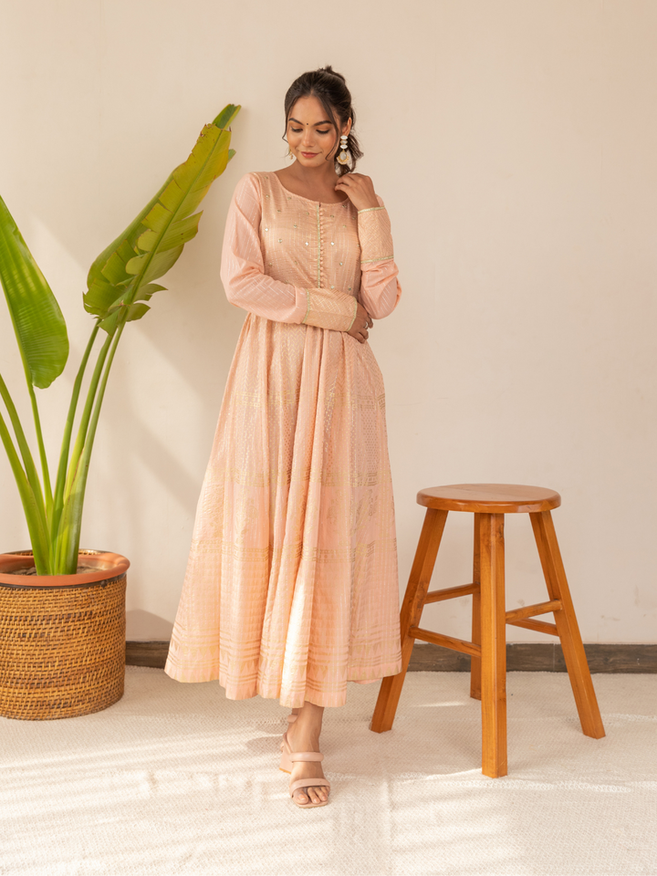 Sitara Peach Foil Print Anarkali & Dupatta Dress Set