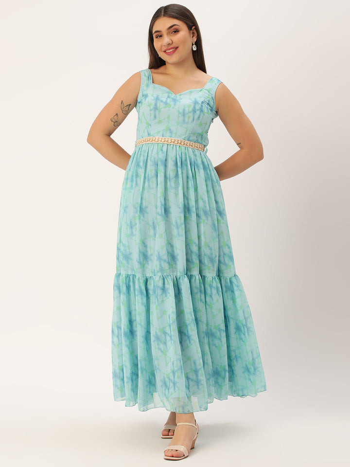 Sky Blue Abstract Digital Print Tiered Sleeveless Dress