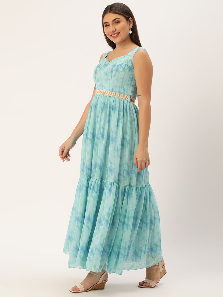 Sky Blue Abstract Digital Print Tiered Sleeveless Dress