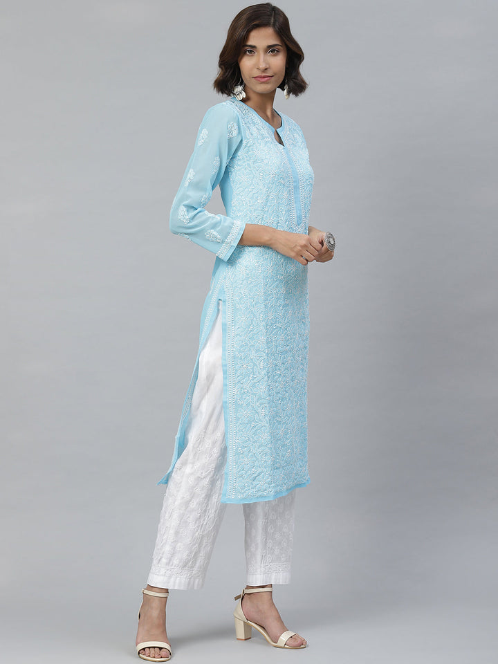 Sky Blue Chikan Kurta with White Palazzos