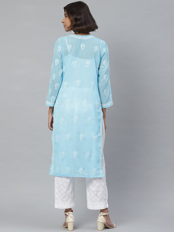 Sky Blue Chikan Kurta with White Palazzos