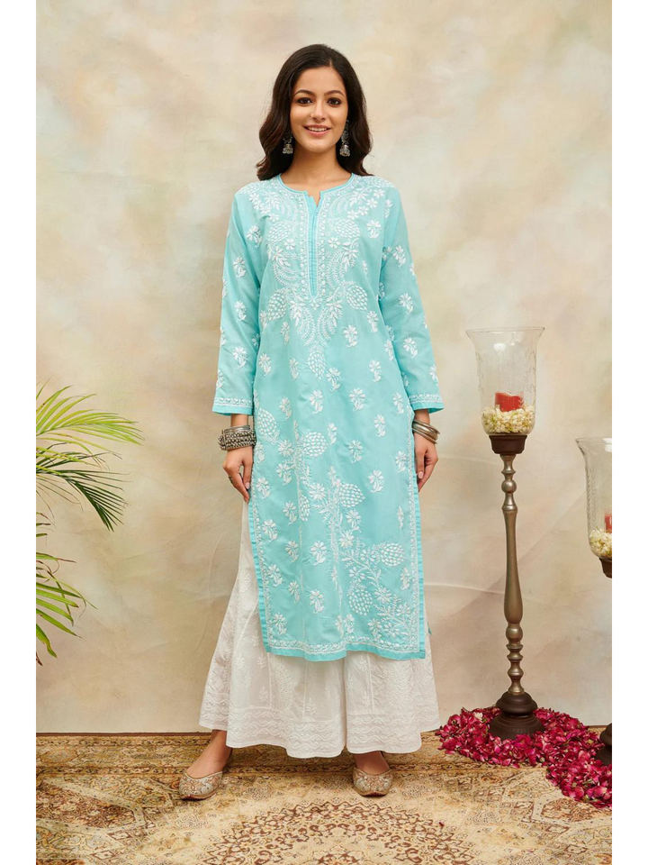 Sky Blue Chikankari Soft Cotton Straight Kurta