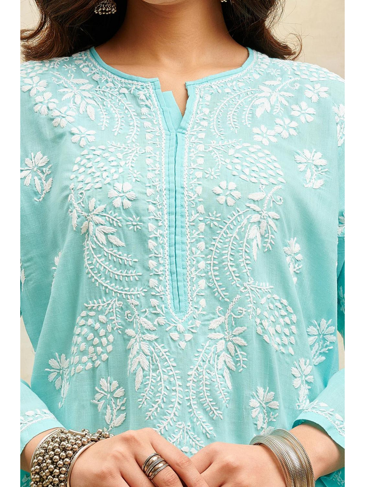 Sky Blue Chikankari Soft Cotton Straight Kurta