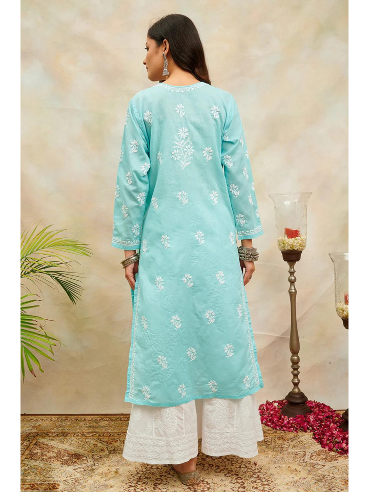 Sky Blue Chikankari Soft Cotton Straight Kurta