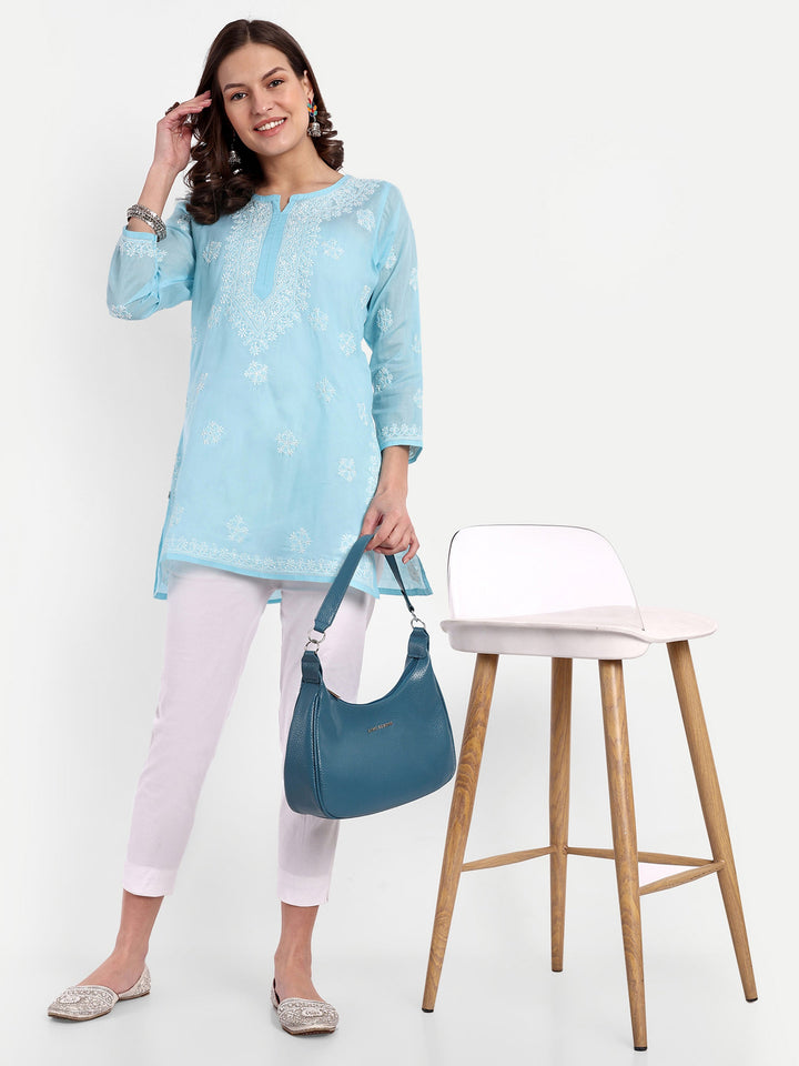 Sky Blue Cotton Chikankari Tunic Kurti