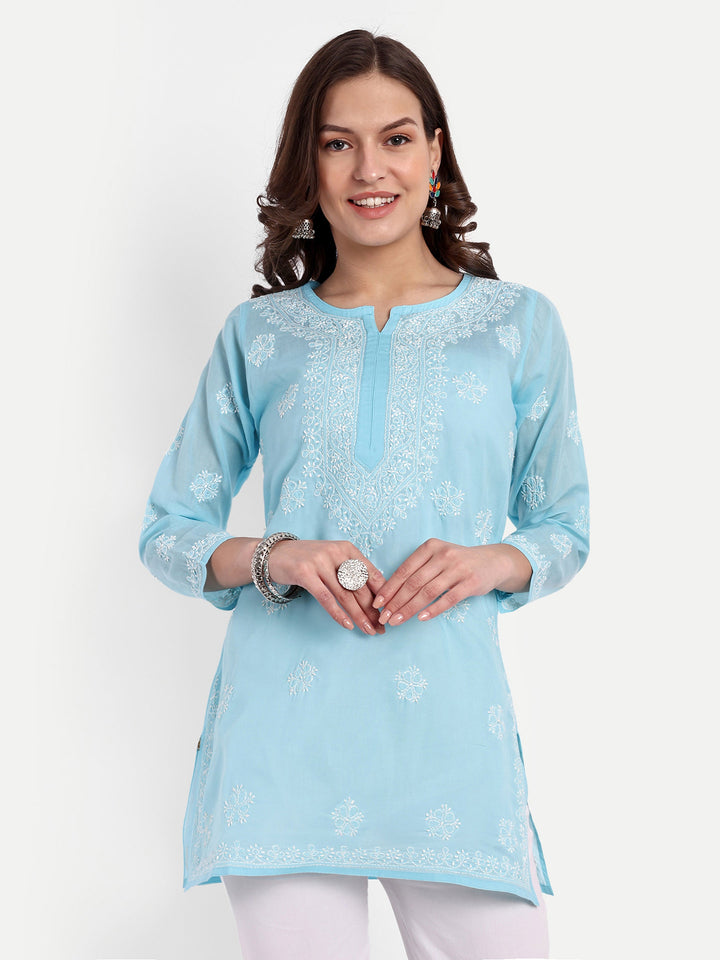 Sky Blue Cotton Chikankari Tunic Kurti