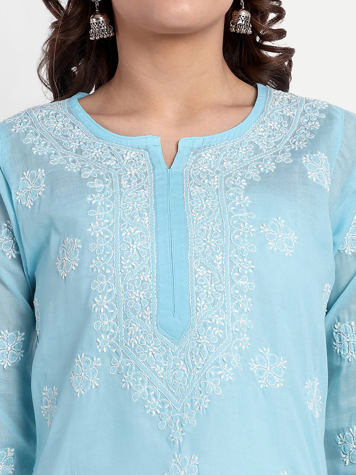 Sky Blue Cotton Chikankari Tunic Kurti