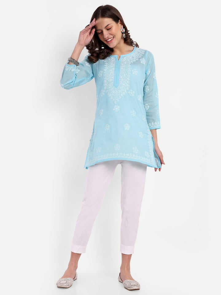 Sky Blue Cotton Chikankari Tunic Kurti