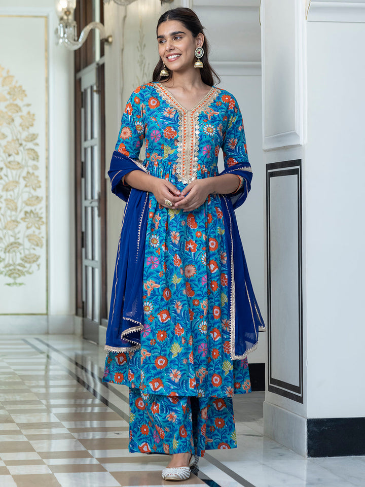 Sky Blue Cotton Ethnic Printed Palazzo Suit Set