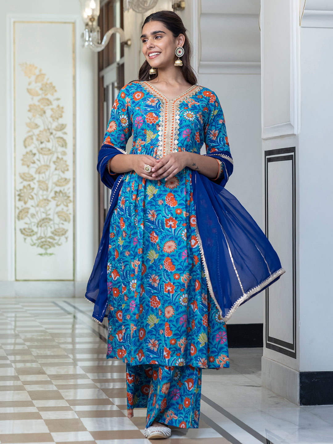 Sky Blue Cotton Ethnic Printed Palazzo Suit Set