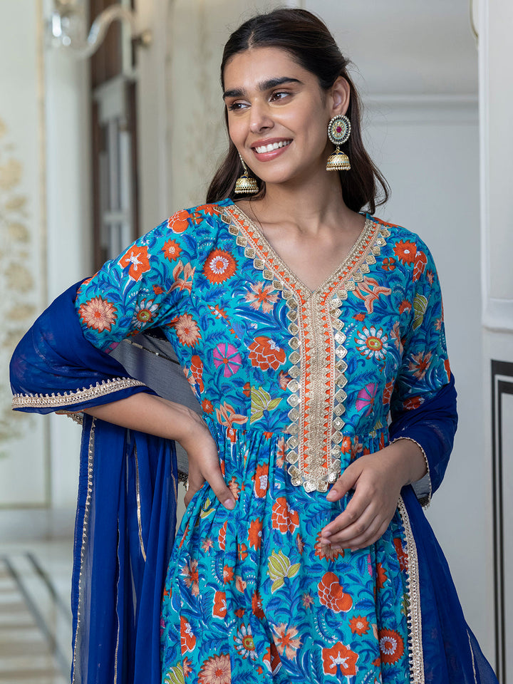 Sky Blue Cotton Ethnic Printed Palazzo Suit Set