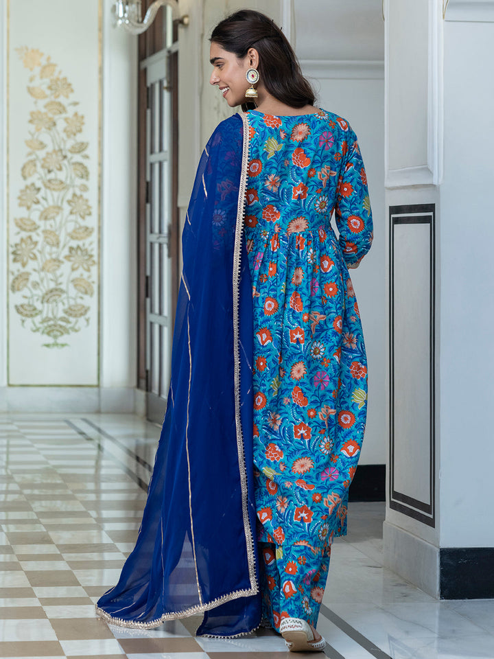 Sky Blue Cotton Ethnic Printed Palazzo Suit Set