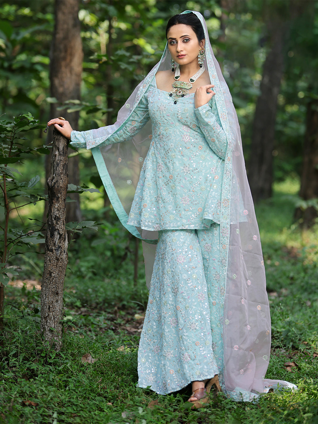 Sky-Blue-Embroidered-Georgette-Gharara-Suit