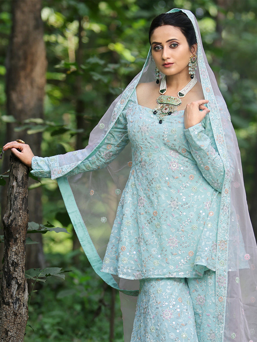 Sky-Blue-Embroidered-Georgette-Gharara-Suit