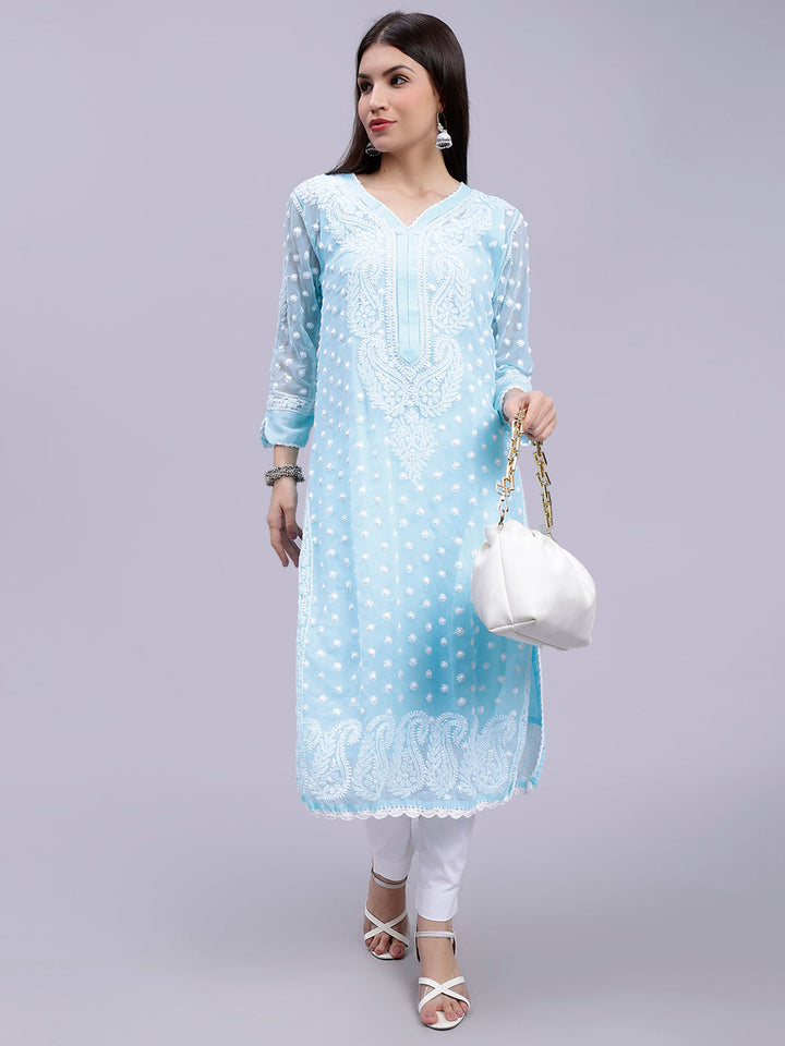 Sky Blue Georgette Polka Dot & Paisley Chikankari Kurti with Slip