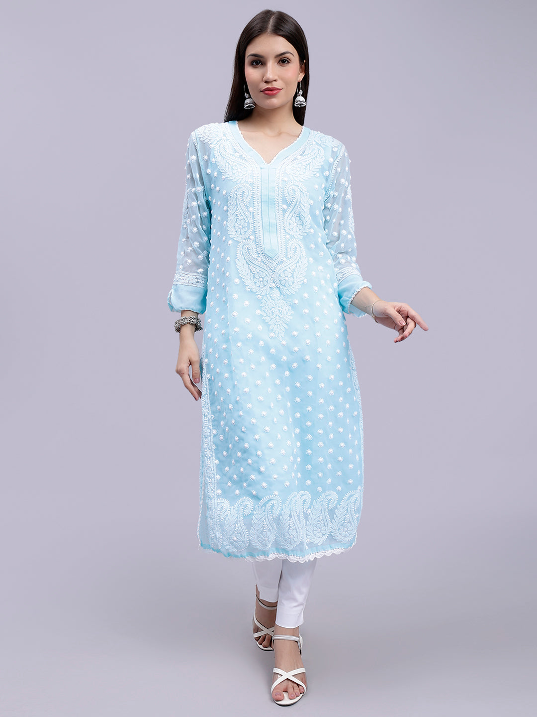 Sky Blue Georgette Polka Dot & Paisley Chikankari Kurti with Slip