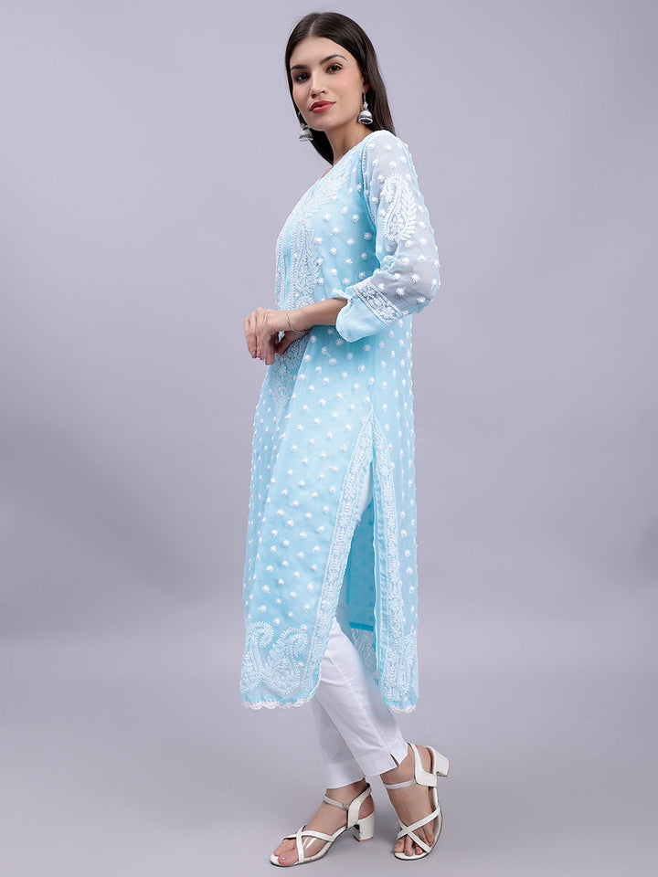 Sky Blue Georgette Polka Dot & Paisley Chikankari Kurti with Slip