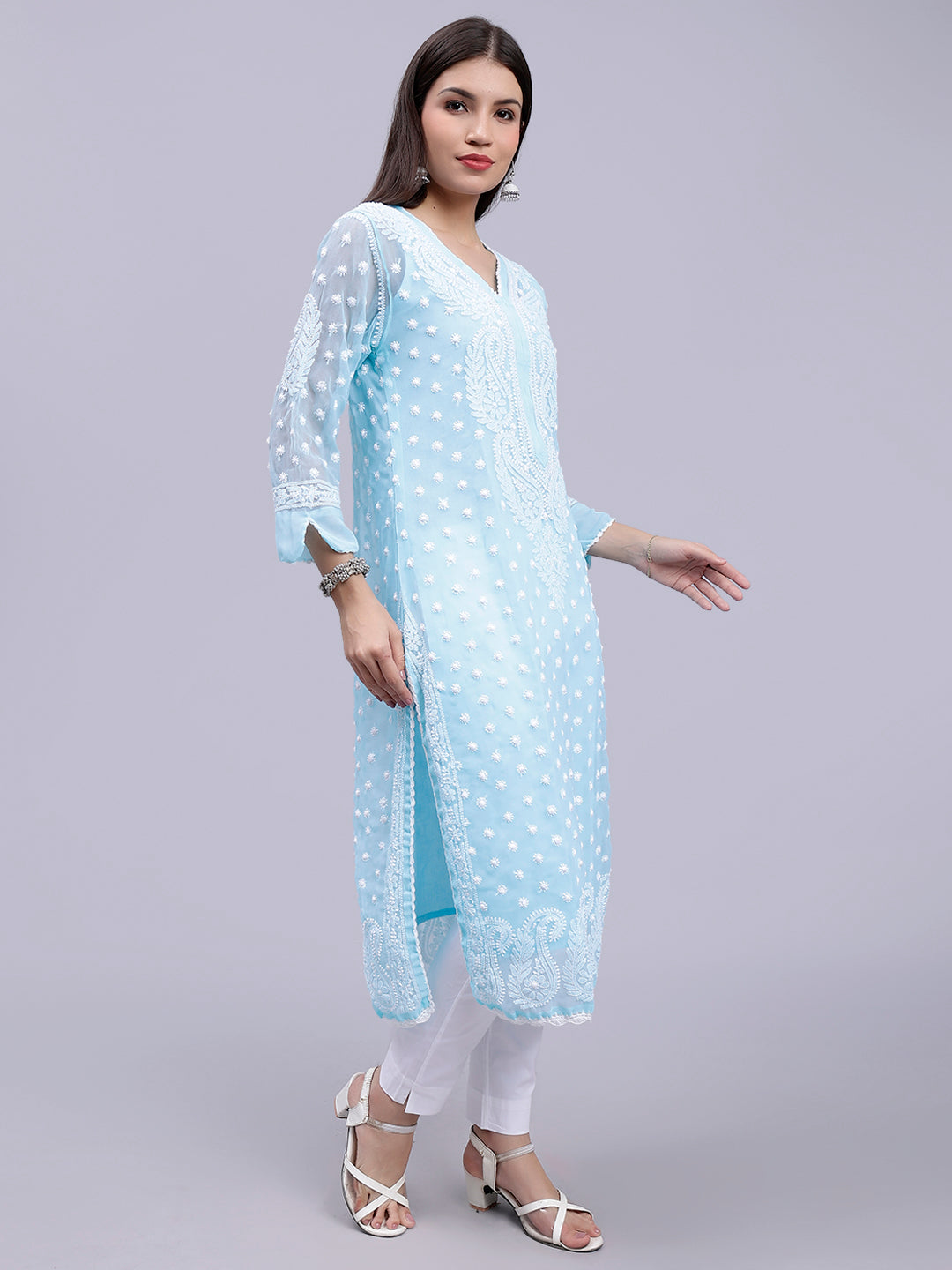 Sky Blue Georgette Polka Dot & Paisley Chikankari Kurti with Slip