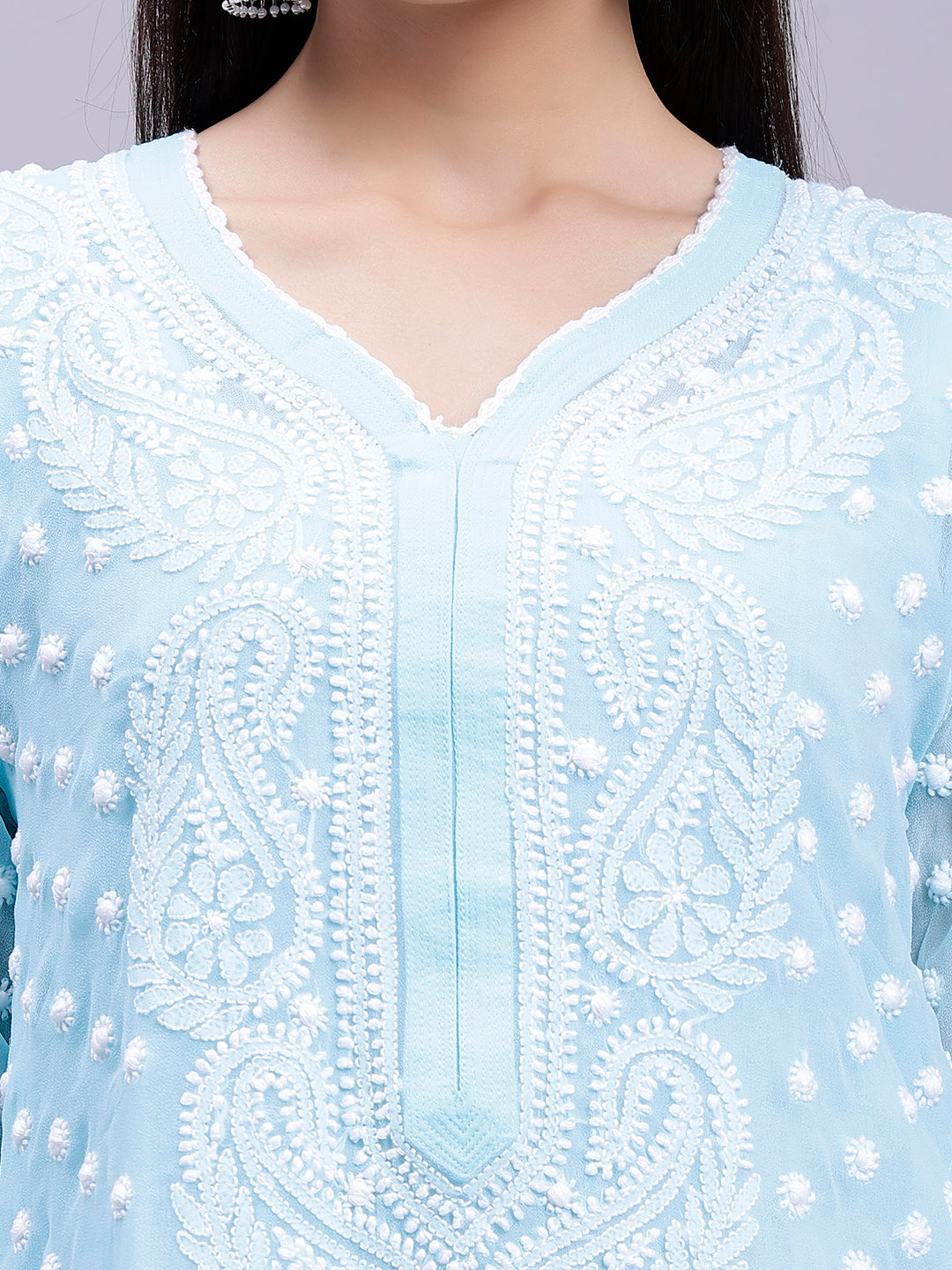 Sky Blue Georgette Polka Dot & Paisley Chikankari Kurti with Slip