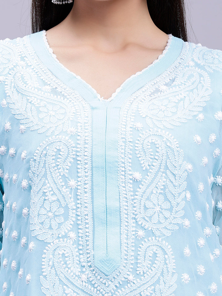 Sky Blue Georgette Polka Dot & Paisley Chikankari Kurti with Slip