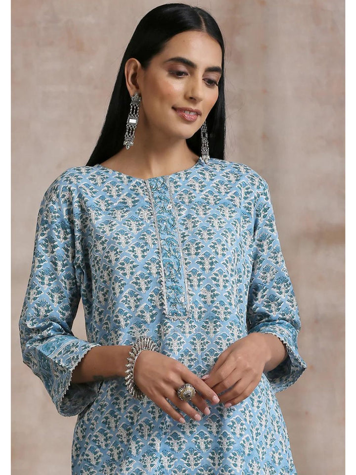 Sky Blue Hand Block Printed Straight Kurta