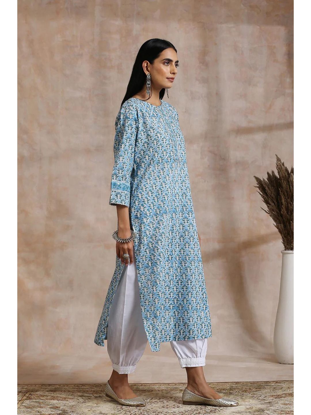 Sky Blue Hand Block Printed Straight Kurta