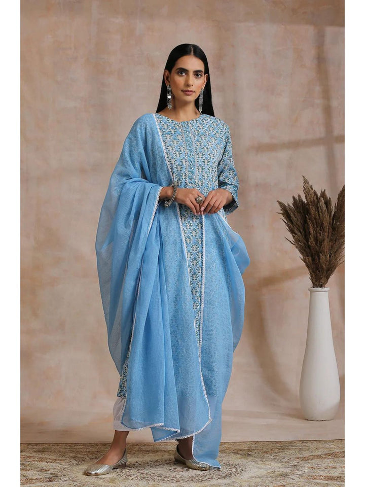 Sky Blue Hand Block Printed Straight Kurta