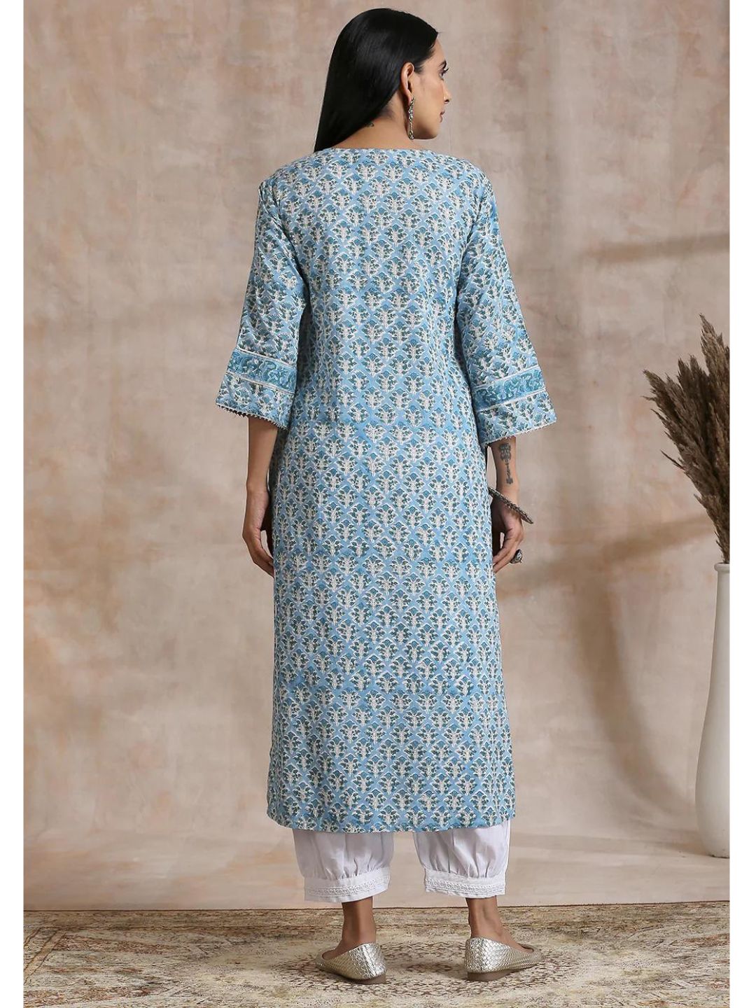 Sky Blue Hand Block Printed Straight Kurta