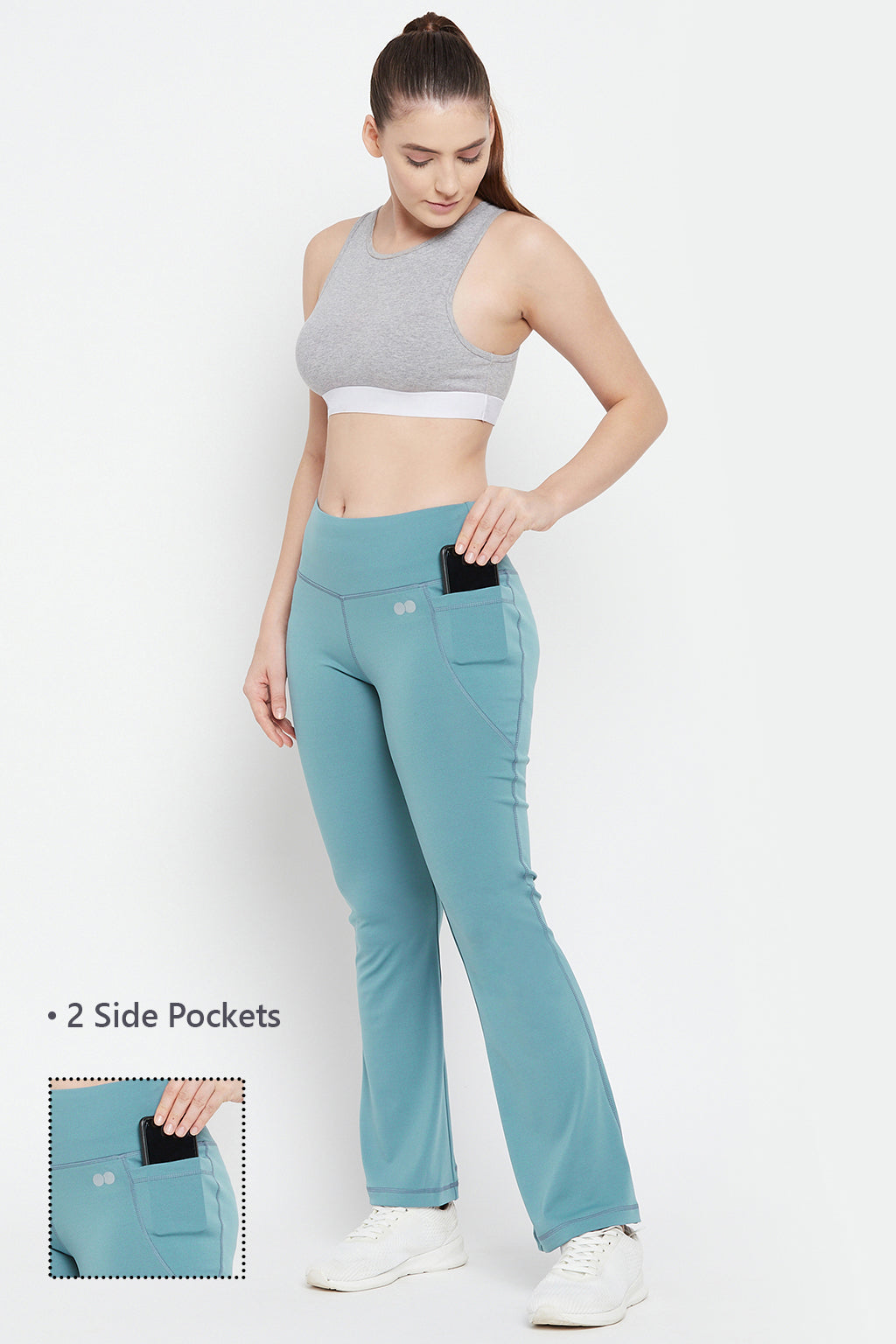 Sky Blue High-Waist Flared Yoga Pants with Side Pockets - ZERESOUQ.COM