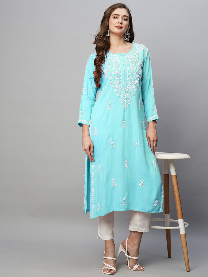 Sky Blue Rayon Chikankari Motif Straight Kurta