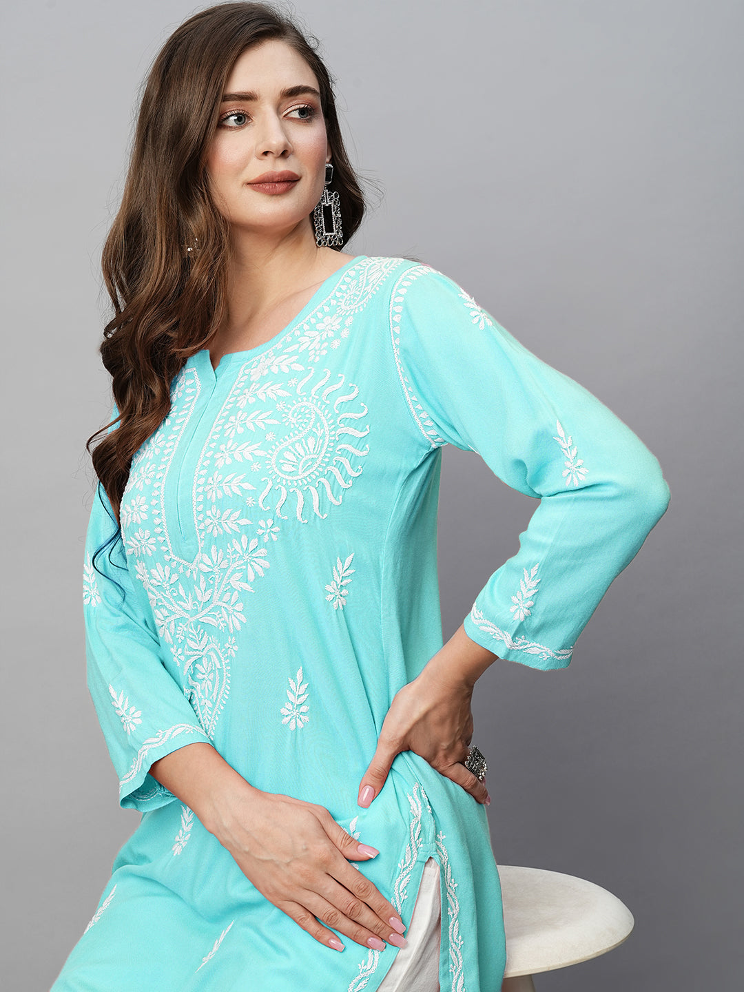 Sky Blue Rayon Chikankari Motif Straight Kurta