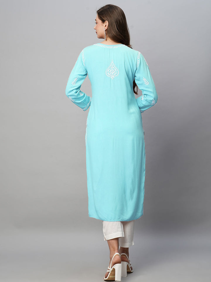 Sky Blue Rayon Chikankari Motif Straight Kurta