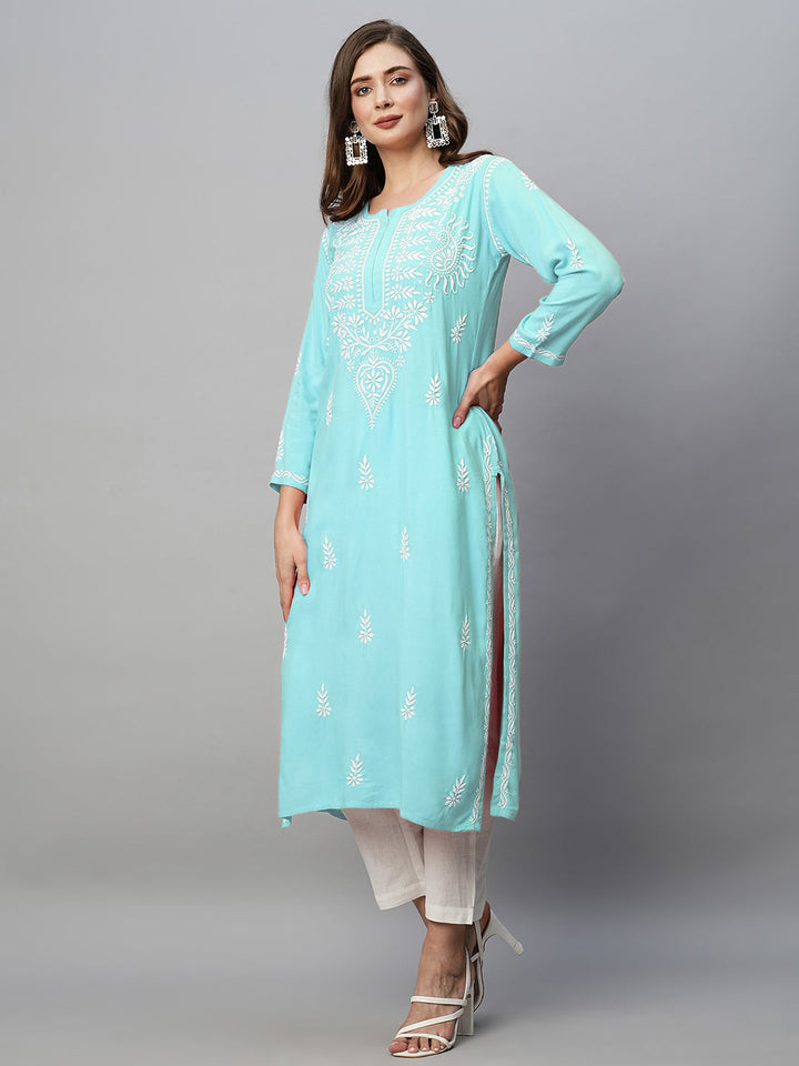 Sky Blue Rayon Chikankari Motif Straight Kurta